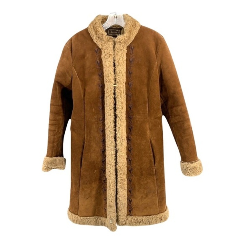 VTG 80s Guess Leather Suede Faux Fur Jacket 37" Trench Coat Embroidery M-L FLAWS